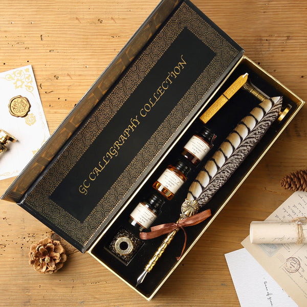 GC QUILL Vintage Quill Feather Pen and Ink Set - 6 Nibs, Pen