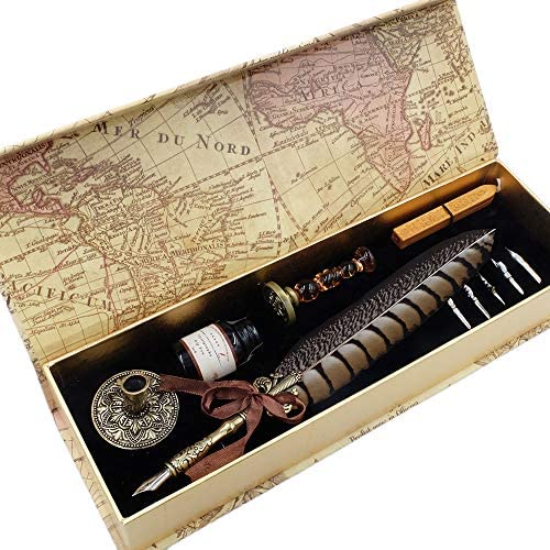 Vintage-Style Feather Quill Dip Pen & Ink Set with Quill, Ink & Nibs