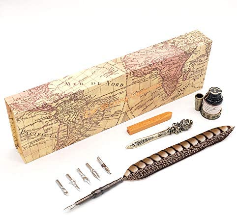 DIUDIU CAT Feather Pen Ink Set, Antique Dip Quill Pen,With 5 Replacement  Nibs, Ink, Pen Holder, 4Writing Papers and 2Envelopes,forWriting, Writing