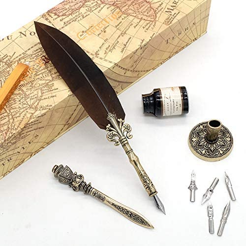 GC QUILL Antique Quill Pen Unique Half-Patterned Feather Pen Set with 6  Nibs 1 Bottle of Ink 1 Seal Stamp 1 Pen Holder 1 Sealing Wax LL-149