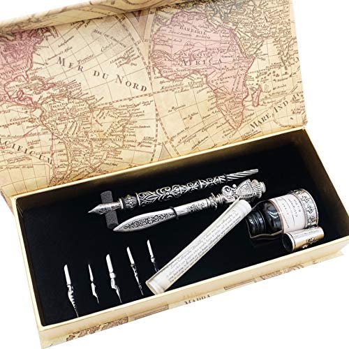 Metal Feather Calligraphy Dip Pen Set with Ink & Pen Stand