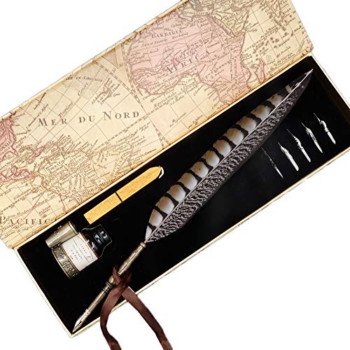 Pewter Feather Quill and Ink Set with Owl Design - Black