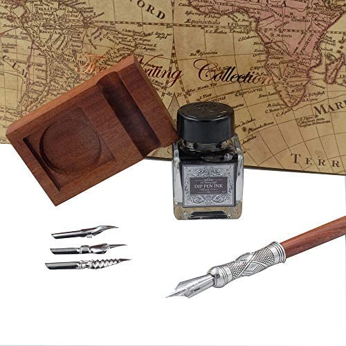 Plotube Wooden Pen Calligraphy Set - Dip Wood Pen Gift Writing Case with Golden Nib - Black Ink 
