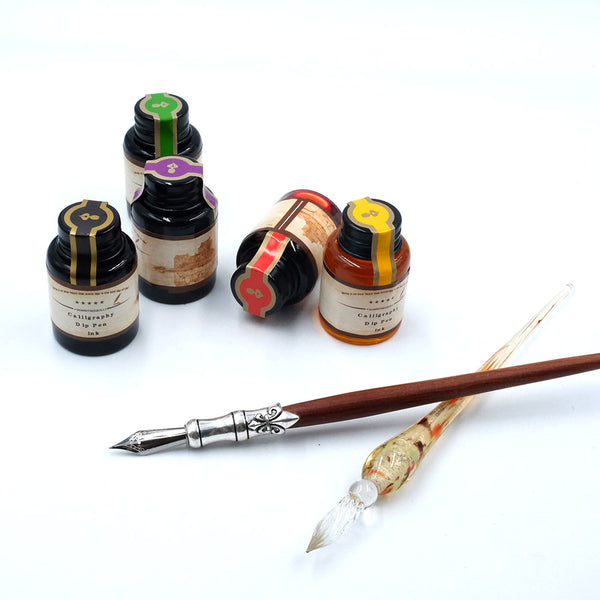 Glass and Wooden Dip Calligraphy Pens Gift Set with 5 Colors Dip Ink 6 -  gcquill
