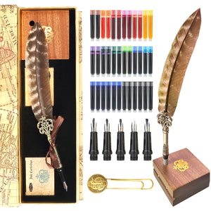 GC QUILL Calligraphy Feather Fountain Pen and Ink Set, Quill Pen with 5 Varied Nibs and Ink Cartridges, Calligraphy Set for Beginners