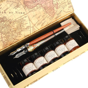 Glass and Wooden Dip Calligraphy Pens Gift Set with 5 Colors Dip Ink 6 Calligraphy Nibs - MU-02