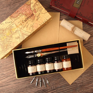 Glass and Wooden Dip Calligraphy Pens Gift Set with 5 Colors Dip Ink 6 Calligraphy Nibs - MU-02