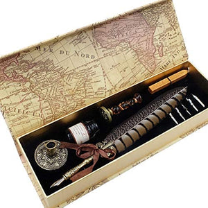 Antique Quill Pen Set Unique Half-Patterned Feather Pen Set with 6 Nibs 1 Bottle of Ink 1 Wax Seal Stamp 1 Pen Holder 1 Sealing Wax LL-149