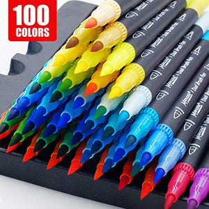 Mancola Art Markers Dual Tips Coloring Brush Fineliner Color Pens, 100 Colors of Water Based Marker for Calligraphy Drawing Sketching Coloring