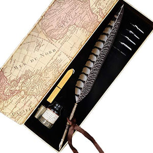 CunMei Quill Pen - Feather Calligraphy Pen and Ink Set - with Seal Stamp,  Ink, 5 Replacement Nibs, 3 Wax Seal Sticks, Pen Nib Base