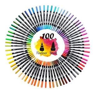 100 Colors Dual Tip Brush Pens Highlighter Art Markers 0.4mm Fine Liners & Brush Tip - HO-100B