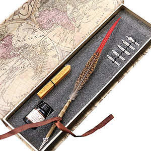 Feather Calligraphy Dip Pen Set - 5 Stainless Steel Nibs, Vintage Quill Pen For Writing & Drawing (Claret Color)