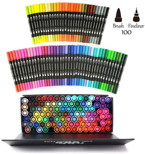 HHHOUU 100 Colors Dual Tip Brush Pens Set, 0.4mm Fine Liners & Brush Tip Watercolor Markers