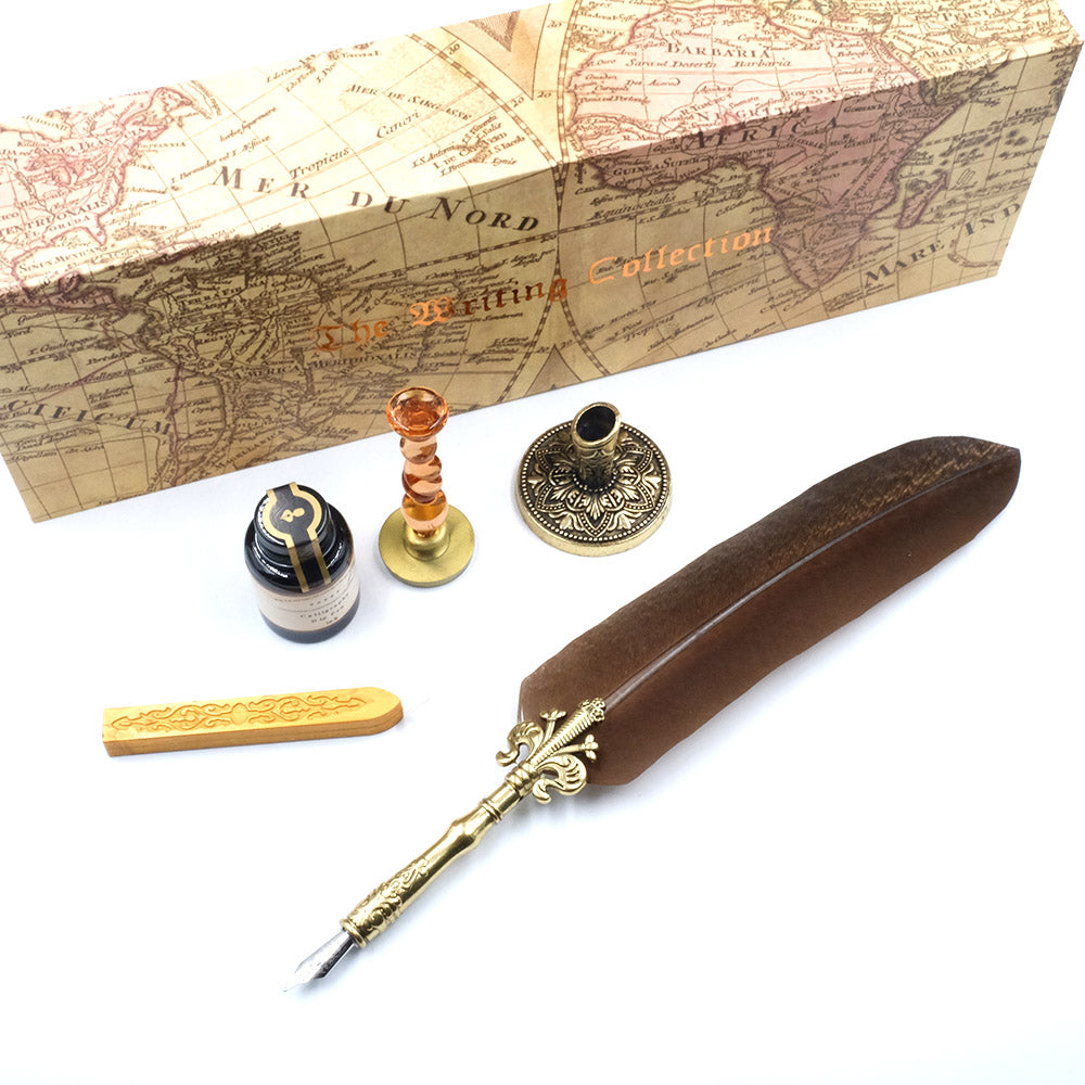 Feather Quill Pen Set with Calligraphy Ink & Glass Wax Seal Stamp, Gif ...