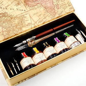 Glass and Wooden Dip Calligraphy Pens Gift Set with 5 Colors Dip Ink 6 Calligraphy Nibs - MU-02